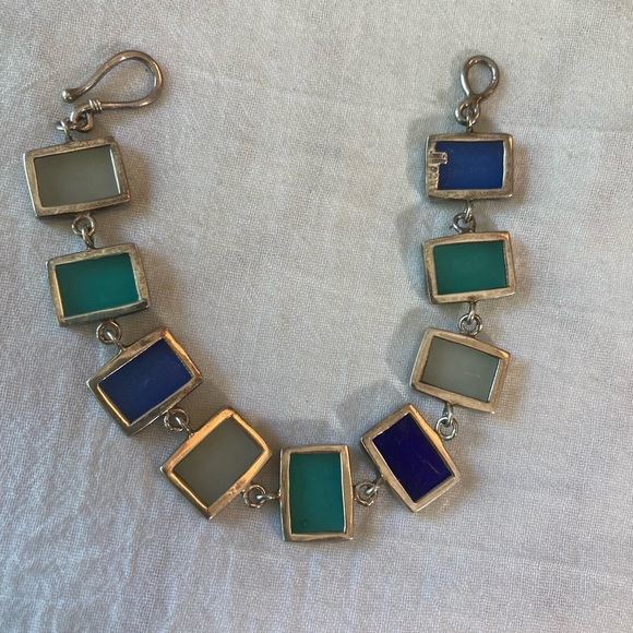 Sterling Silver 925 Bracelet with Natural Stone Inlay‎ Vintage - Picture 4 of 8